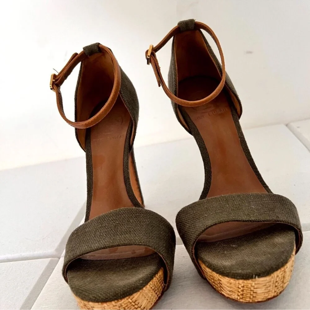 Tory Burch Amina Olive Woven Platform Heels Raffia‎ Ankle Strap 7.5